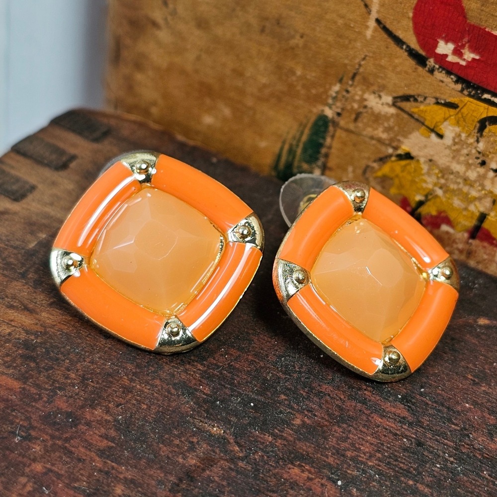 Orange Square Gold Tone Stud Earrings Women OS Enamel Faceted Faux Stone